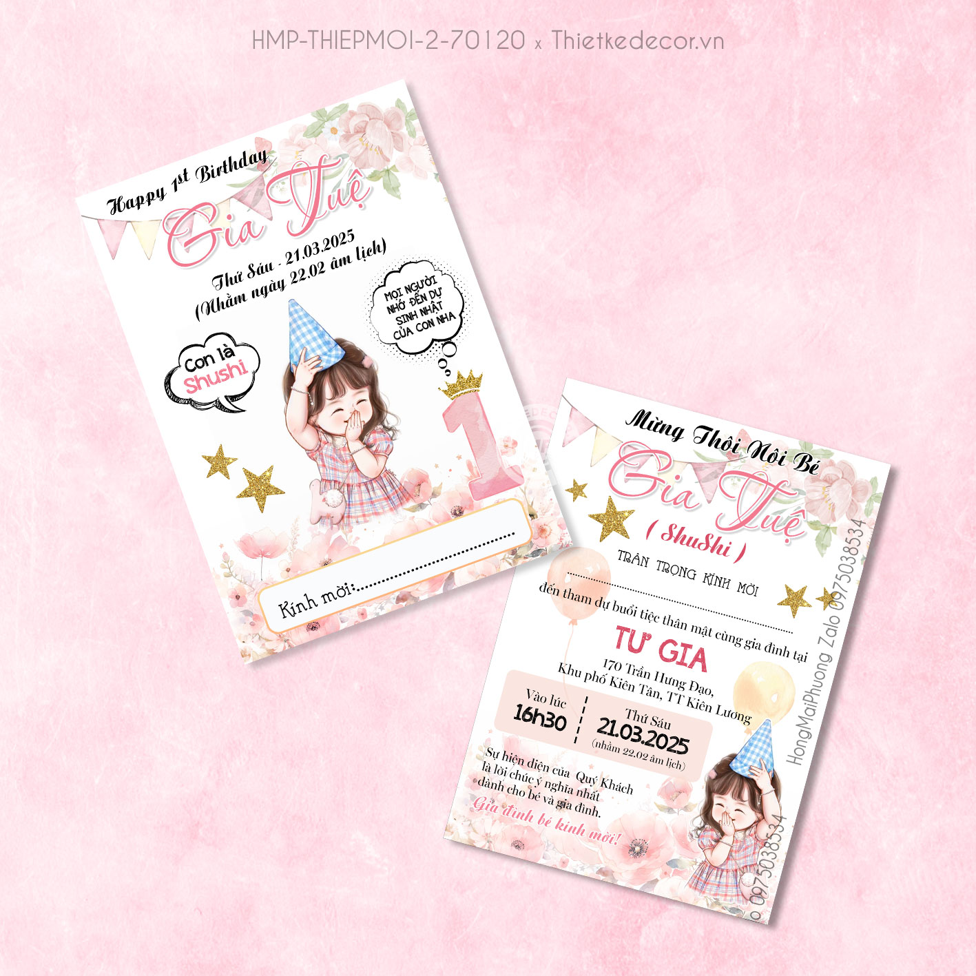 Thiệp mời sinh nhật bé gái tone hồng